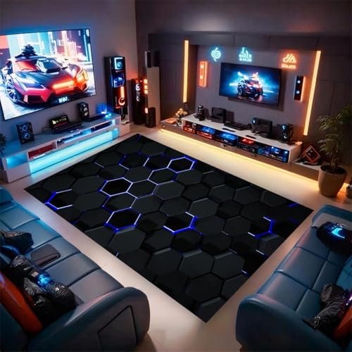 Tapis Sol Gaming, Tapis De Chambre Ado Garçon Enfants Adulte, Imprimé Néon Gaming Conception Visuelle Géométrique, Tapis De Sol Flanelle Doux, Tapis Déco Antidérapant Lavable (Noir,140x200cm)
