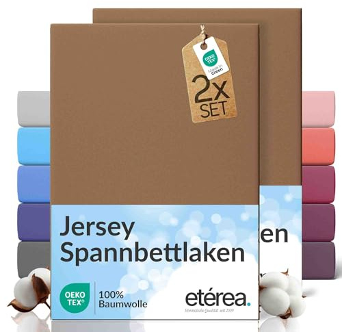 etérea Jersey 2er Set Spannbettlaken 180x200cm - 200x200cm Mokka bis 25 cm Höhe - 100% Baumwolle Spannbetttuch Oekotex - Doppelpack Bettlaken 180x200 cm - 200x200 cm - Braun