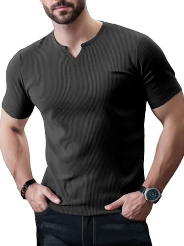 Yewloch Camiseta Hombre Slim Fit Cuello en V Deportiva Básica Corta&Larga Musculosa,tee Ajustado Casualc(Negro,M)