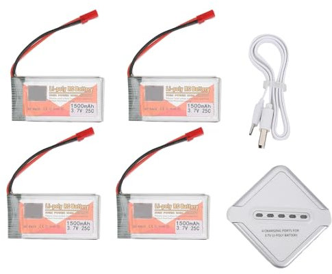 Lot de 4 Batteries Lipo 1500 mAh 3,7 V 25 C JST Lithium pour Voitures télécommandées, hélicoptères, Bateaux