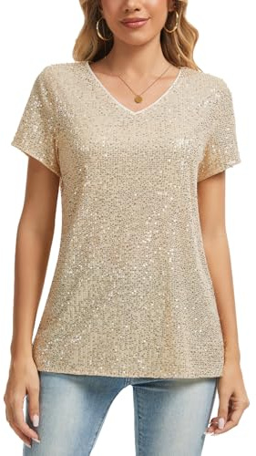 MINTLIMIT Sequin Champagne Blouse Womens Sparkly V Neck Short Sleeve Fully Lined Glitter T Shirt Top (Golden M)