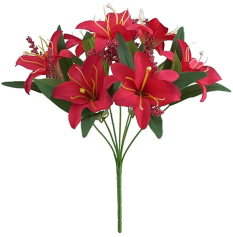 Mounteps Fleur de lys Artificielle 7 têtes réaliste ne se fanent Pas décoration Cadeau lys Faux Bouquet Maison Art Déco Photographie Prop Bricolage Bouquet (Rouge)