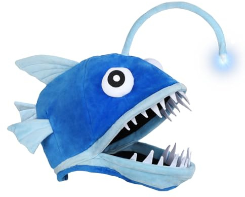 Tanganan Lantern Fish Hat Costume Novelty Luminous Halloween Hats Carnival Costume Party Animal Head Cap Lantern Fish Head Cover for Adult Kids (Blue adult)