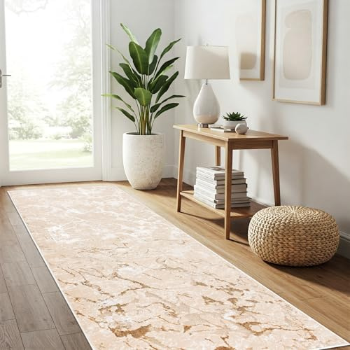 TAPISO Crystal Teppichläufer Kurzflor Glänzend Beige Gold Creme Weiß Marmoreffekt 3D Effekt Wohnzimmer Schlafzimmer Modern Design ÖKO-TEX 100 x 300 cm
