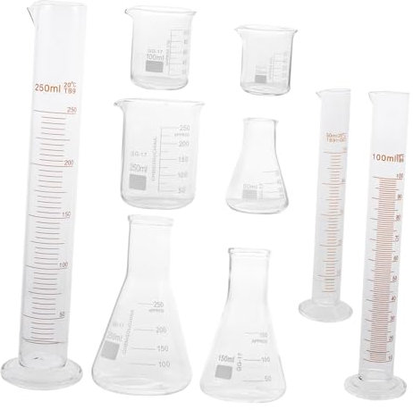 VICASKY 9pcs Laboratory Glassware Set Includes Beakers Measuring Cylinders and Conical Flasks High Chemical Resistance for Science Experiments and Chemistry Lab