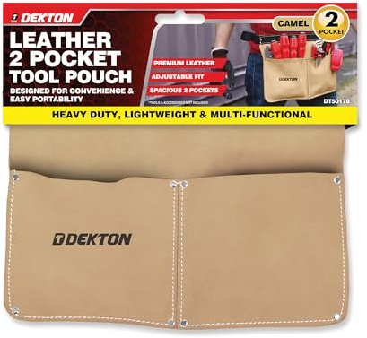 DEKTON Leather Tool Belt Pouch for Professionals, Heavy Duty 2 Pocket Work Apron with Adjustable Fit, Storage Organiser for Carpenters, Electricians, Hammer Holder, Pink