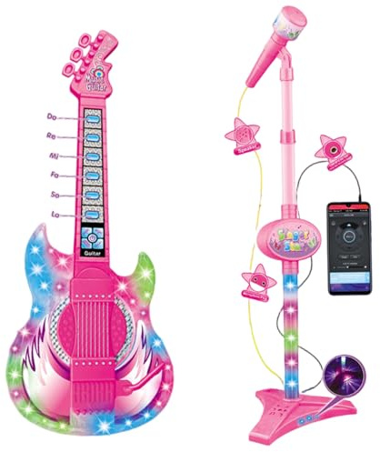 Grtheenumb E-Gitarre für Kinder, Gitarre und Mikrofon für Kinder, Spielzeug mit Musik und Licht, höhenverstellbares 2-in-1-Mikrofon mit Ständer, Spielzeuginstrumente Lernen