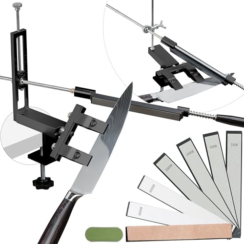 CWOVRS Messerschärfsystem, 360° Dual Klemmensystem Schnellspann-C-Klemme | Messerschärfer mit 2-Fach Winkelverstellung (15°-27°), verstellbarer Messerhalter, Küchen Messerschleifer, 6 Schleifsteinen