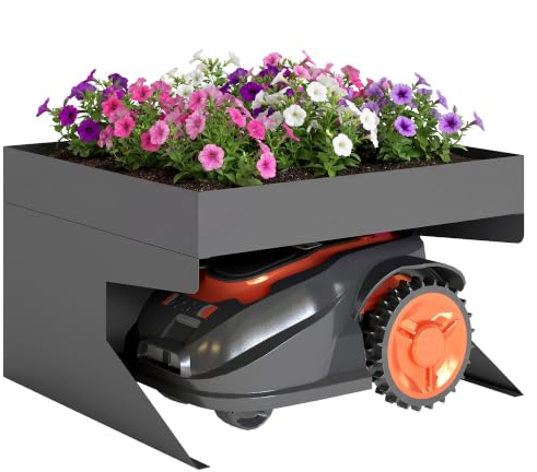 Outsunny Mähroboter Garage Stahl mit Pflanzkasten 75 x 70 x 46 cm Schwarz | Rasenroboter Carport Unterstand, Überdachung Regenschutz, aus Verzinktem Stahl, für Rasenmäher