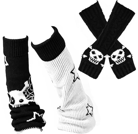 zhongko 2 Pairs Black Leg Warmers and Arm Warmers, Skull Gothic Clothes for Women, Y2K Grunge Clothes Sleeves for Outfits, Kawaii Gothic Accessories for Girls