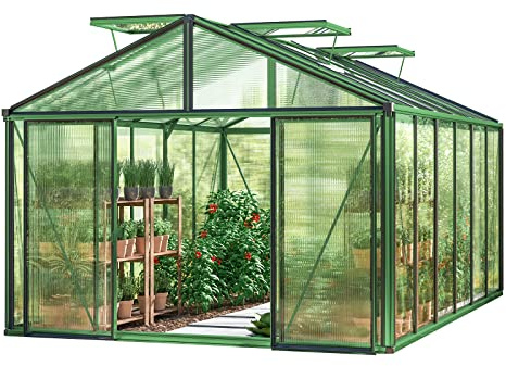 GFP Gewächshaus Asteria 24 Premium 311x460 cm mit integriertem Fundament 16 mm Doppelstegplatten, Farbe Moosgrün