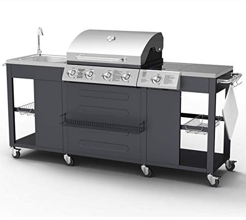 BIllyOh Alabama 4 Burner Gas BBQ Grill + 1 Side Stove and Kitchen Sink, Table, Rack, Thermometer and Storage - Outdoor Gas Burner with Cast Iron Barbecue Grill Outdoor Kitchen for Patio and Garden