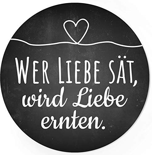 24 runde Design Etiketten - Wer Liebe sät, wird Liebe ernten - Aufkleber für Gastgeschenke - Motiv: Tafel-Look mit Herz