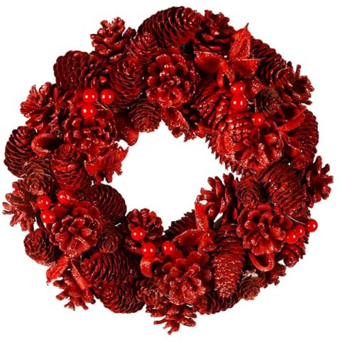 36cm Christmas Wreath Door Decoration Wooden Red Rose & Pine Cone Garland (CR38)