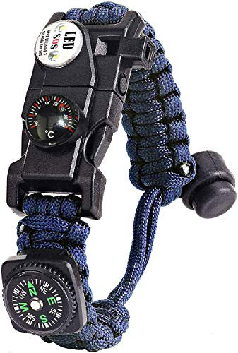 Paracord Survival Armband Kit für Herren Damen, Survival Armband mit Feuerstein + Kompass + Thermometer + Pfeife + Schirmseil + LED-Leuchte + Multi-Werkzeug + Kartenleser, zum Outdoor-Aktivitäten