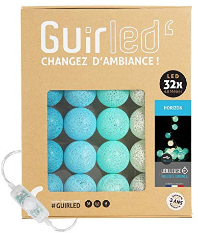 GuirLED - LED Baumwollkugeln Lichterkette USB - Baby Nachtlicht 2h - Dual USB 2A Netzteil enthalten - 3 Intensitäten - 32 Kugeln 3.2m - Horizon