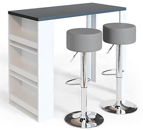Vicco Bartisch-Set, Bartresen und Hocker, Grau/Weiß, 117 x 57 cm mit 2 Barhockern