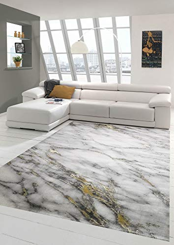 Teppich-Traum Kurzflor Teppich Marmor Grau Gold 160x230 cm | Pflegeleicht, schmutzabweisend, strapazierfähig, allergikerfreundlich, seitlich gekettelt, OEKO-TEX geprüft, 12 mm Flor