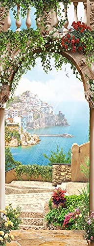 A.Monamour Türtapete Selbstklebend Türfolie Türposter 3D Mediterrane Architektur Blaues Meer Durch Den Bogen Offene Terrasse Vinyl Folie Türdeko Tapete Wandbild Türaufkleber Türtattoo 77 x 200 cm