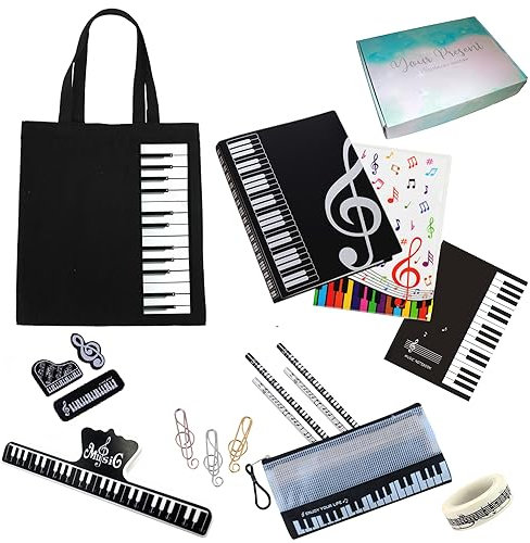 GOOGIT Musik-Set 19 Stücke Notenmappe Notizbuch mit Pentagramm Baumwolltasche Etui Bleistifte Schreibwaren Klavier Schule Studenten (Schwarz)