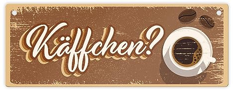 Metallschild L in 10,5x28cm mit trendigen Kaffee Motiven - Käffchen? für Kaffeetrinker