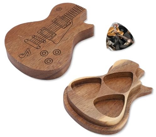 Hapivida Hölzerne Gitarren Pick Box, Gitarren Förmige Plektrum Aufbewahrungsbox, Handgefertigte Musik Instrumenten Teile für Gitarristen Musiker Geschenk