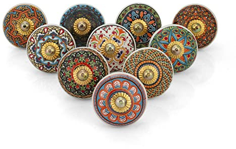 Rasiya Art Multicolor Mandala Knobs Motif for Dresser Drawers Cabinet and Doors - Assorted Ceramic Door Pull Handles for Kitchen Wardrobes Boho Home Interior Decor - Pack of 10