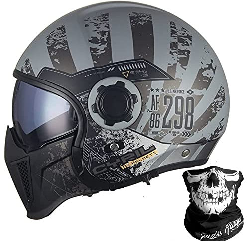 ZLYJ Vollgesichts Motorradhelm im Deutschen Stil, Offener Helm, 3/4-Helm mit Visier, Retro Mopedhelme, Passend für Cruiser, Scooter, Chopper, Jet Pilotenhelm, ECE-geprüft G,Large