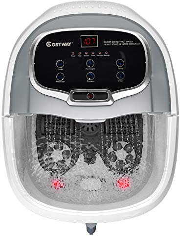 COSTWAY Bain de Pieds 15L avec Ecran LED, 6 Rouleaux de Massage, Masseur de Pieds avec Chaleur Automatique 35℃-48℃, Fonction de Douche et Lumière Rouge (Gris)