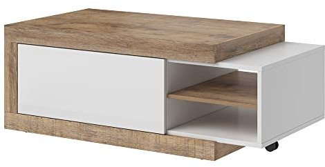 Lomadox Couchtisch Samdal Eiche Nb., ausziehbar mit Absetzungen in weiß Hochglanz, B/H/T: ca. 120-153,5/43,5/60 cm