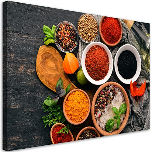 Feeby Bilder Küche Gewürze Kräuter 60x40 cm Leinwandbild 1-teilig Design Kunstdruck Zimmerdeko Wohnzimmer Bilderwand Wanddekoration Essen Löffel Chili Pfeffer mehrfarbig