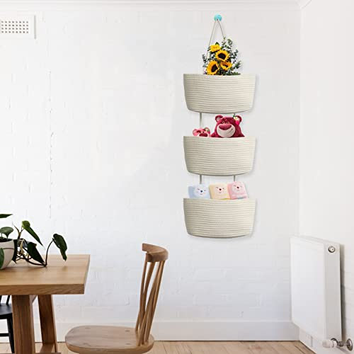 Hängeorganizer Organizer Wand Organizer, Premium Leinen Organizer mit 3 stufiger Hängekorb aus Baumwollseil gewebt, Hängende Tasche Aufbewahrungstasche für Schlafzimmer,Wohnzimmer (Weiß)