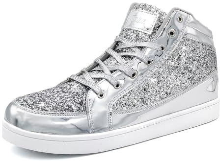 IGxx Glitzer-Schuhe für Herren, modisch, High-Top, lässig, Pailletten, funkelnde Sneaker, Herren, glitzernd, glänzend, Silberfarben glitzernd, 48 EU