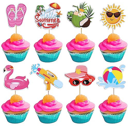 Rsstarxi 32 Pack Summer Beach Cupcake Toppers with Ball Sun Umbrella Water Gun Slippers Cupcake Picks Hello Summer Hawaiian Cake Decorations for Baby Shower Hawaiian Summer Pool Themed Party Decor
