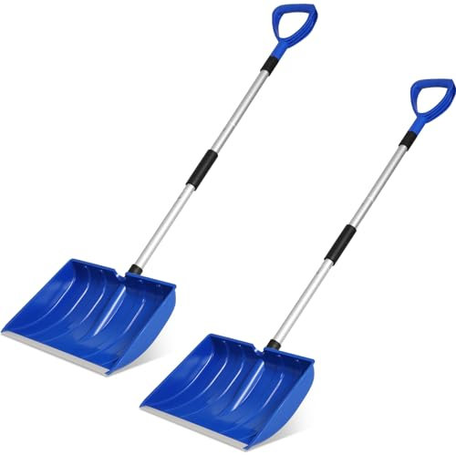 Lanties Schneeschaufel für Auffahrt, 132 cm, groß, leicht, zusammenklappbar, Metall, tragbar, strapazierfähig, mit Aluminium-D-Griff, für Zuhause, Garage, Auto, Eis, Schnee (blau), 2 Stück
