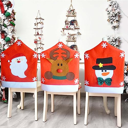 TSLBW 3 Stück Weihnachten Stuhlhussen Weihnachtsmann Schneemann Elch Weihnachten Stuhl zurück Abdeckungen Rote Weihnachtsmütze Stuhlhussen Weihnachten Stuhl Dekoration für Esszimmer Küche Party