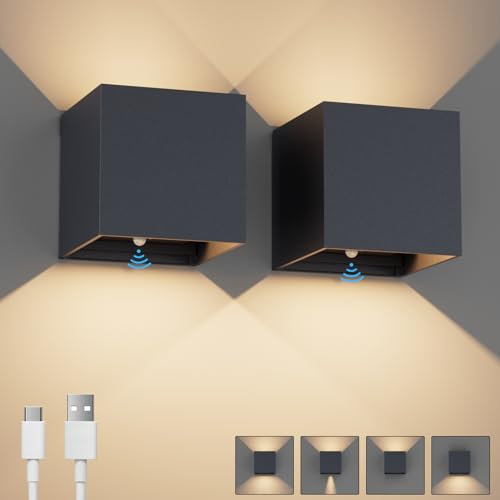 K-Bright 2PCS Akku Wandleuchte mit Bewegungsmelder Innen, 5W LED Akku Wandlampe Up Down Design Einstellbarer Abstrahlwinke für Wohnzimmer,Schlafzimmer Balkon, Flur,Treppen (Anthrazit)