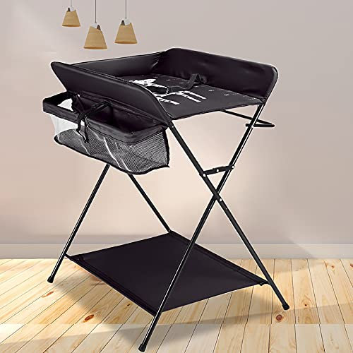 Wickelkombi, Mobiler Wickeltisch Wickelkommode Wickelauflage, Wickelkommode Wickeltisch Klappbar Baby Wickelauflage mit Sicherheitsgurt und Ablagefächern, platzsparend und stabil (Schwarz ohne Räder)