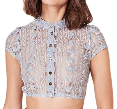 Krüger Dirndlbluse Lavina Spitze blau | Damen Dirndl-Bluse | Hochgeschlossen Knopfleiste 32