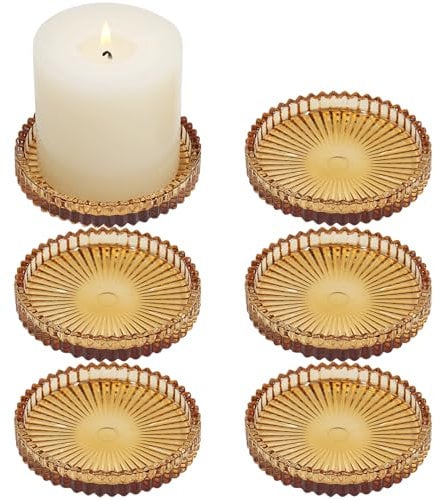 HofferRuffer Glass Pillar Candle Holder,Candle Plate Candle Holders for Pillar Candles, Christmas Halloween Table Centrepiece Home Decor Party Wedding Decorations,Amber 6pcs