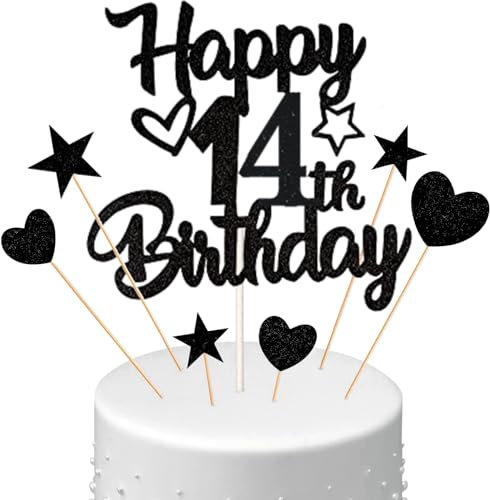 Conruich Tortendeko 14. Geburtstag Jungen, Kuchendeko Happy 14th Birthday Schwarz, Glitzer Kuchen Topper 14. Geburtstag Ballons Konfetti Papierfächer für Geburtstagstorte Deko 14 Jahre Junge Mädchen