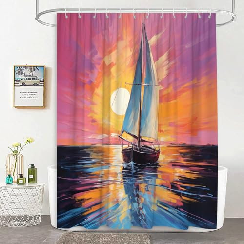 JEJOMEAG Nautical Shower Curtain Oil Painting Style Ocean Sailboat Sunrise Abstract Aesthetic Fabric Bathroom Curtain with Hooks