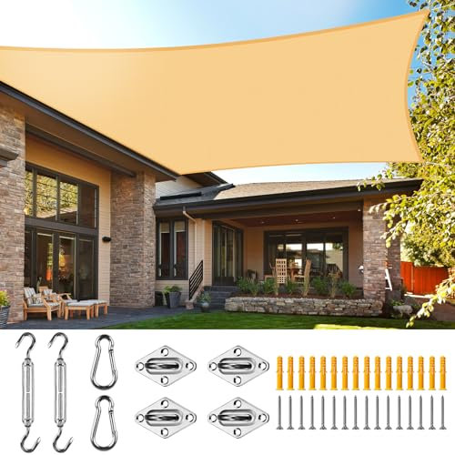 UIRWAY Vela ombreggiante con Kit di Fissaggio, 3.6x4.8m Tenda a vela in Traspirante Tenda da Sole Parasole Rettangolare Protezione Solare Respirante Anti UV Giardino Esterni (Sabbia)