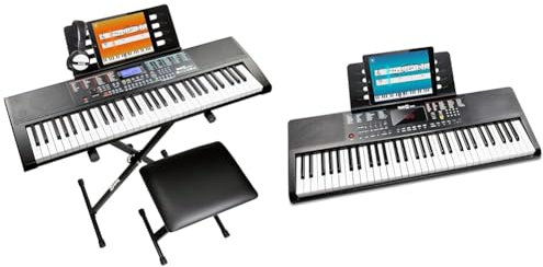 Rockjam 61-Key Keyboard Piano Kit with Keyboard Stand, Piano Bench, Headphones, Piano Note Stickers & Lessons, RJ660-SK, Black & 61-Key Compact Keyboard with Sheet Music Stand, Power Supply