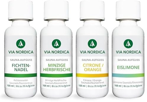 VIA NORDICA Saunaaufguss Set [AtemFrei-Komplex Formel] Saunadüfte & ätherische Öle - Tolles Saunaaufguss Probierset, Saunaöl Saunaduft Sauna-Zubehör Wellness Aufguss Duftöl - Set Saunaspass