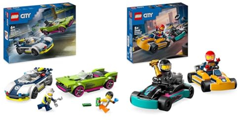 LEGO City Verfolgungsjagd mit Polizeiauto und Muscle Car, Auto-Spielezug mit 2 Rennautos & City Go-Karts mit Rennfahrern, Set mit 2 Rennfahrer-Minifiguren und Rennautos