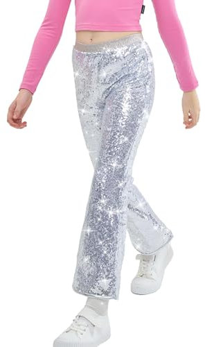 LOLANTA Mädchen Paillettenhose, glitzernde Disco Schlaghose, Party und Hip Hop Tanzbekleidung, Silber, 10 11 Jahre, 150