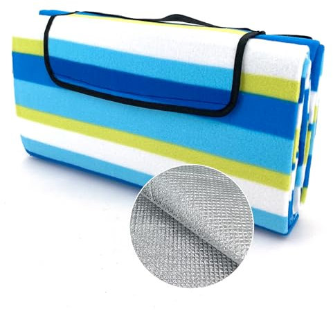 heimtexland XL Picknickdecke wasserdicht Outdoor Strandmatte Isomatte waschbar Campingdecke faltbar mit Tragegriff Festival Zelten Picknick Strand Decke Typ549 Streifen Blau 200x200 cm
