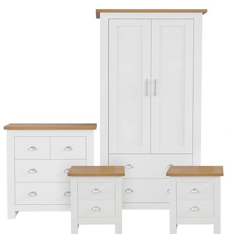 Blisswood Bedroom Furniture Set,3 Piece Bedroom Set With 2 Door Wardrobe & 2+2 Drawer Chest of Drawer+(2 x 1) 2 Drawer Bedside Table (2 Door Wardrobe + 2+2 Chest of Drawer & 2x1 Bedside Table White)