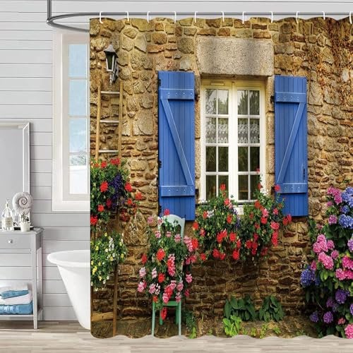 FAIRYGATE Bathroom Curtains Beach Door View Shower Curtain Wet Room Waterproof Anti Mould Proof Resistant Fabric Extra Long Outdoor Garden Scene with Hooks B8525